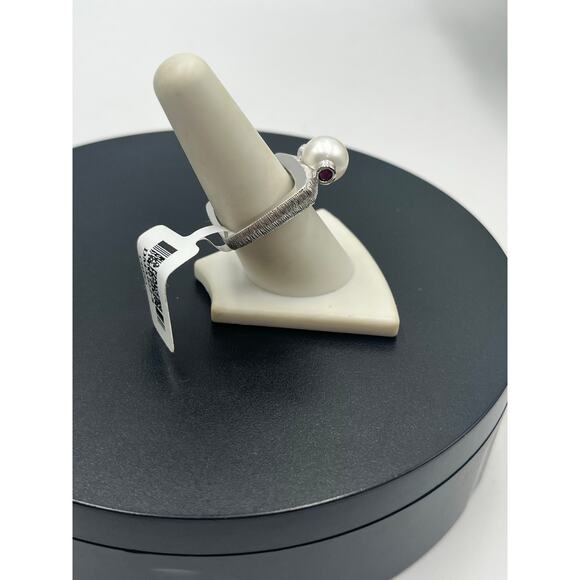 Michelle Albala 10mm Round Pearl Rhodium Sterling Ruby Cabochon Ring New Sz 9 - Picture 3 of 14